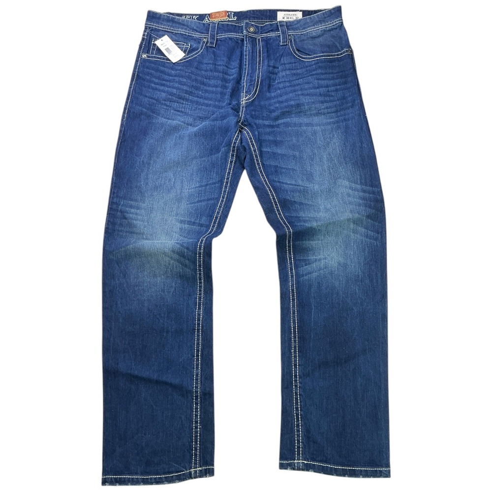 T.K. Axel Blue Trumbull Athletic Jeans Mens 38x32 Stretch Contrast Stitch NEW